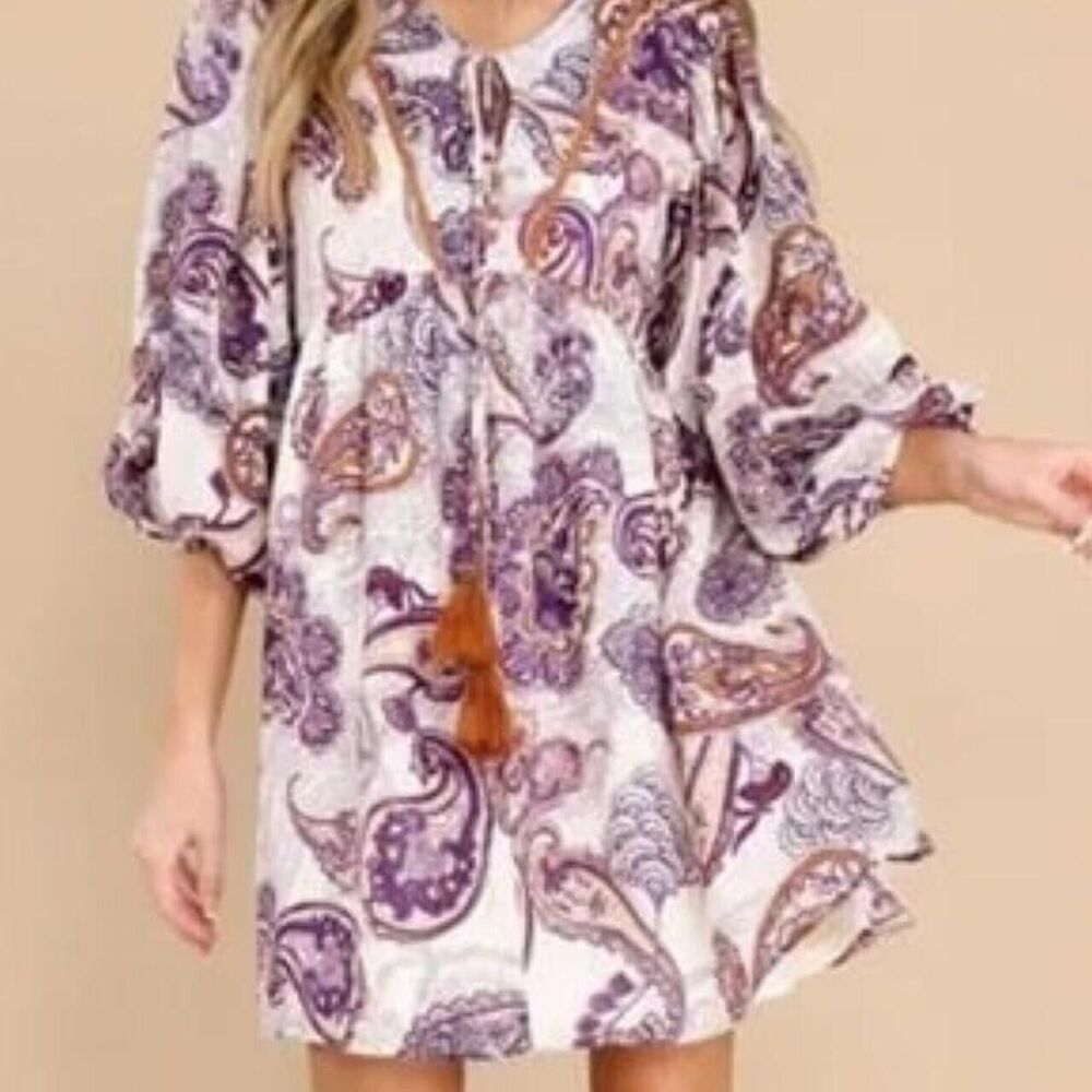 BAND OF THE FREE Lyonette Paisley Boho Mini Dress M Cream Purple Peasant NWT B31